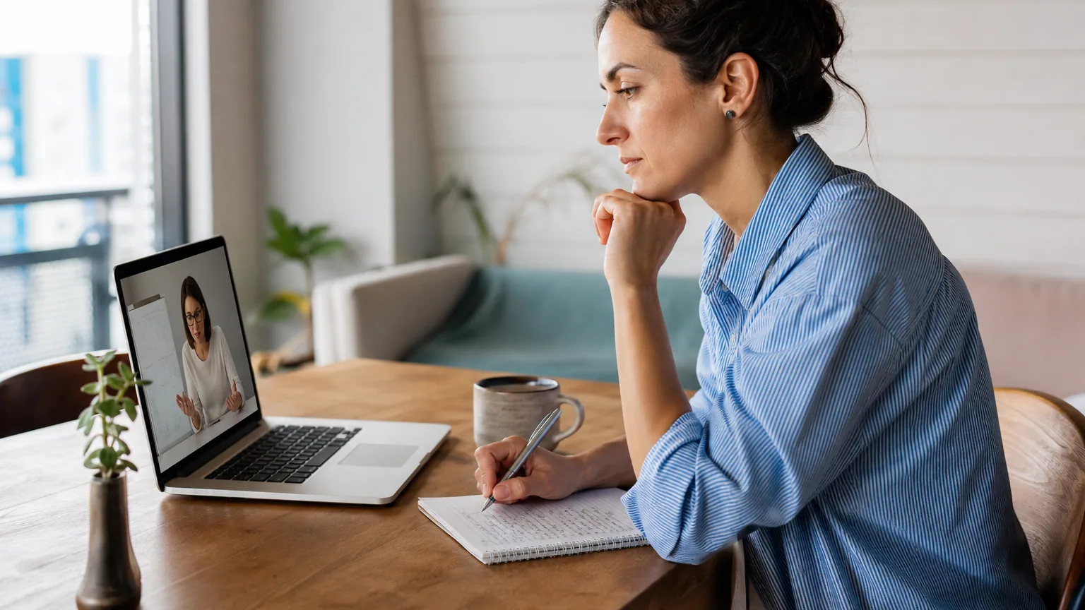 Une femme suit un cours en ligne sur son ordinateur portable, concentrée, à son bureau