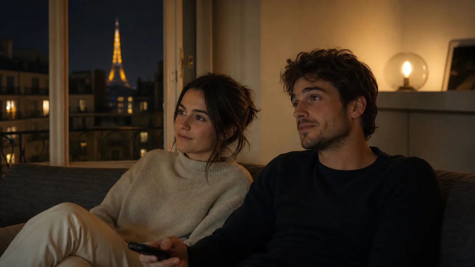 Deux spectateurs concentrés devant une série, le soir, dans un salon parisien faiblement éclairé