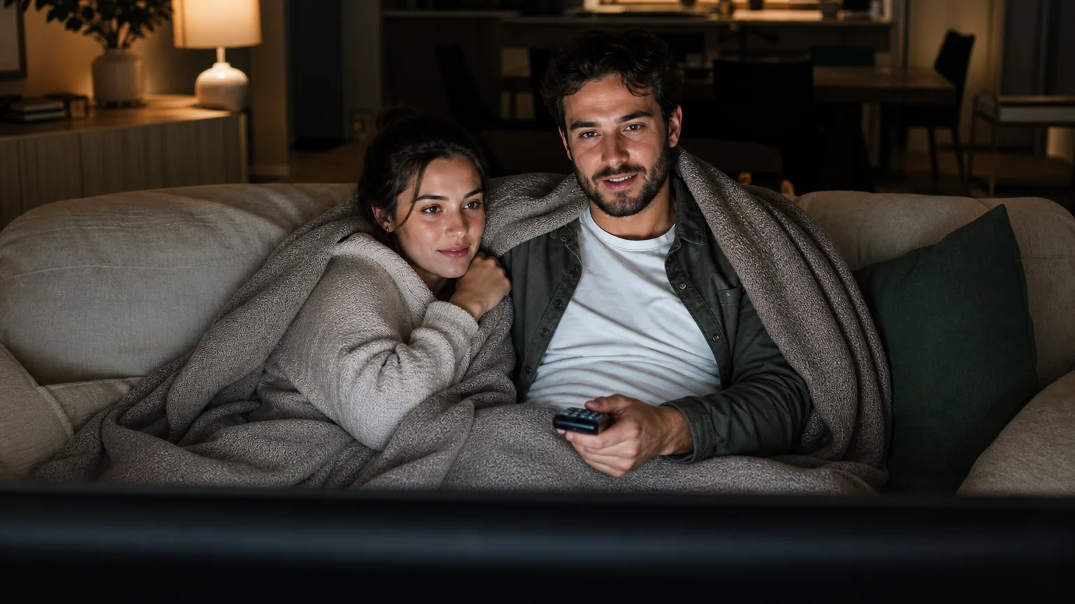 Un couple regarde une série le soir dans son salon, éclairé par la lumière de la télévision