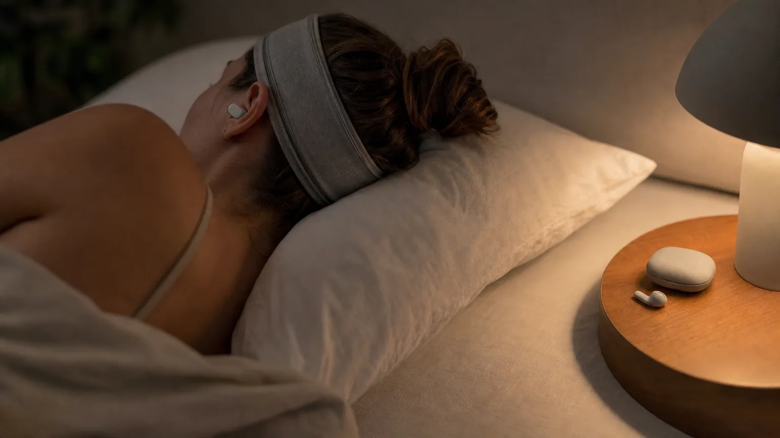 Femme endormie sur le côté avec un bandeau audio, écouteurs plats posés à côté