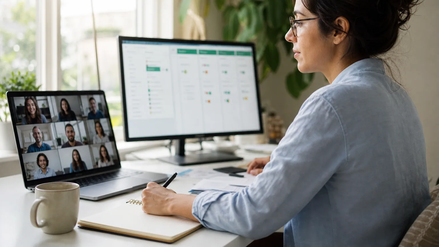 Femme en télétravail à son bureau à domicile devant un ordinateur portable affichant une visioconférence