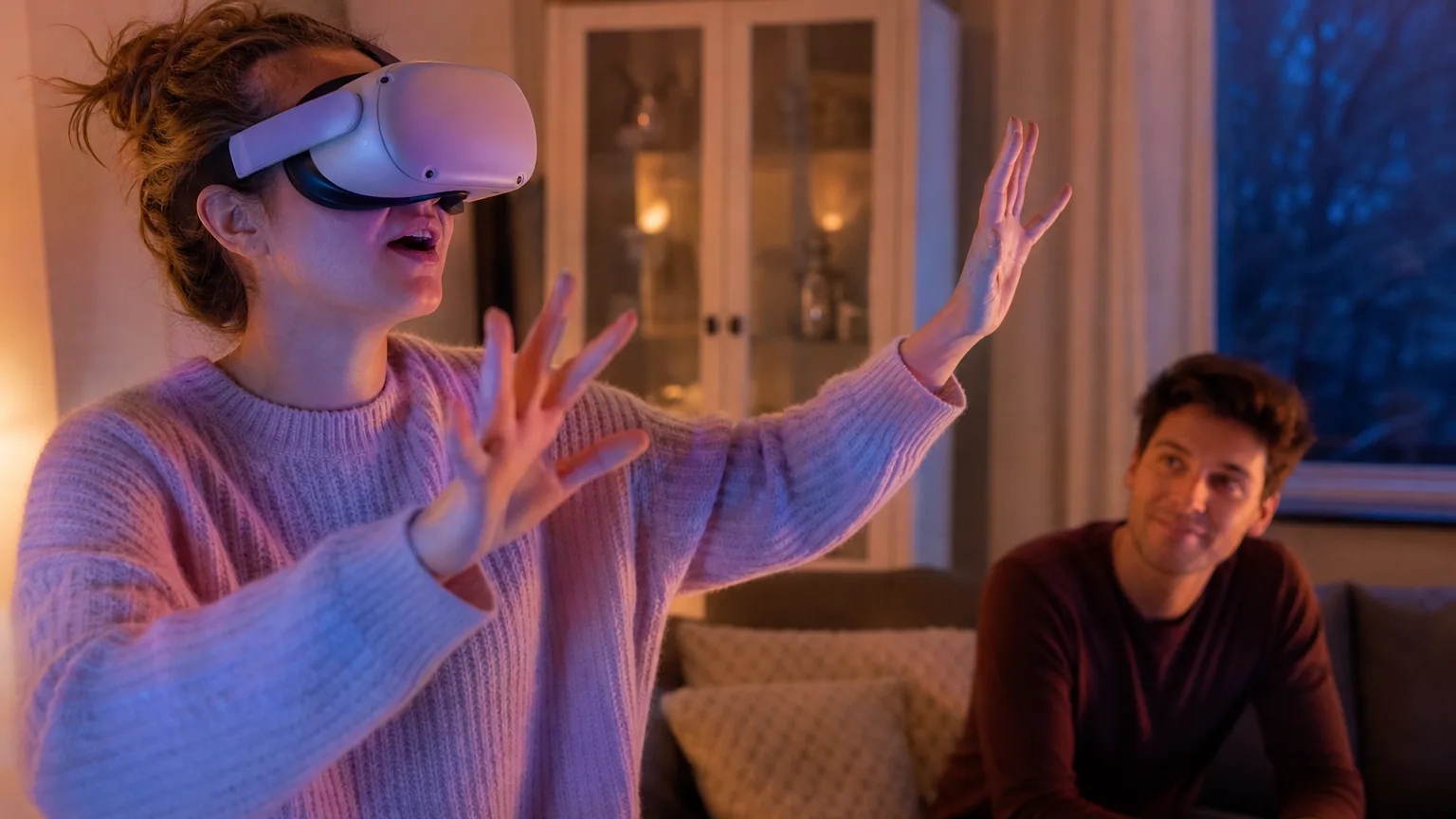 Un jeune joueur portant un casque de réalité virtuelle dans son salon, le visage éclairé par une lueur colorée