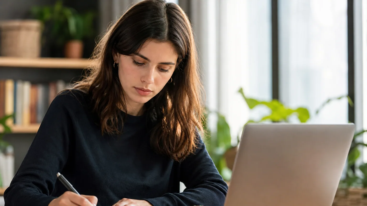 Personne concentrée à son bureau avec un minuteur en forme de tomate posé à côté de son ordinateur