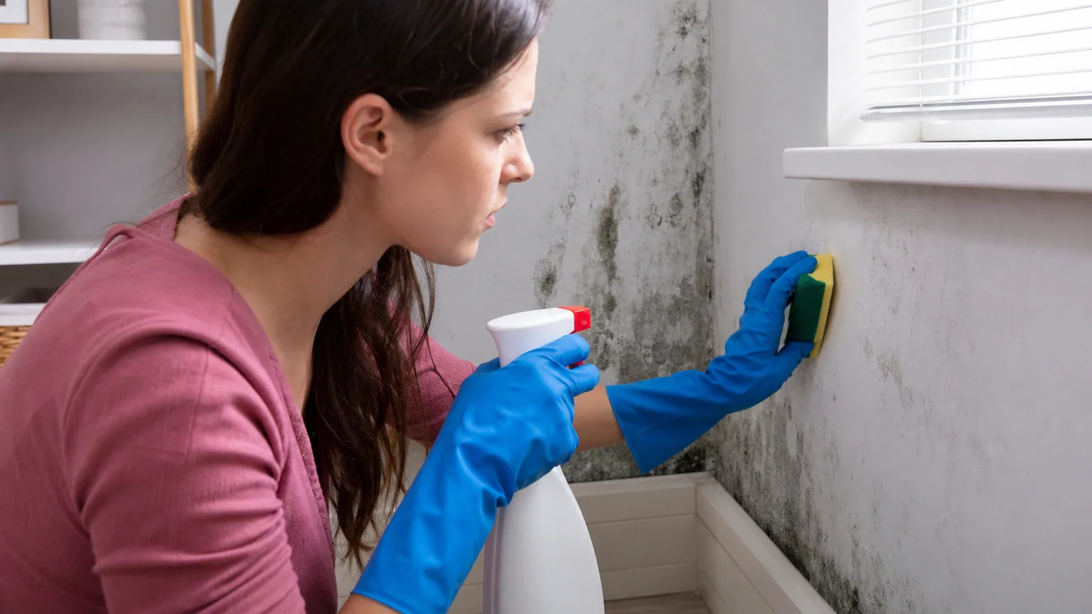 Personne nettoyant des taches de moisissure sur un mur intérieur avec une éponge et des gants, lumière naturelle