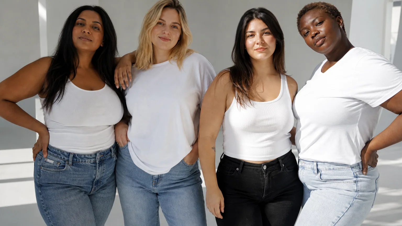 Quatre femmes aux silhouettes différentes posant ensemble dans un studio lumineux