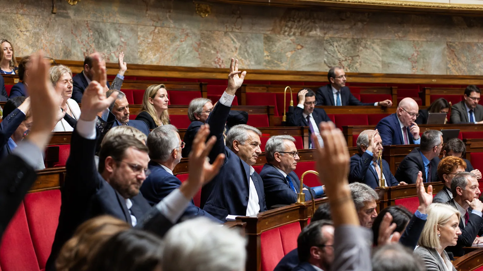 Des députés votant dans l'hémicycle de l'Assemblée nationale lors d'une séance tendue.