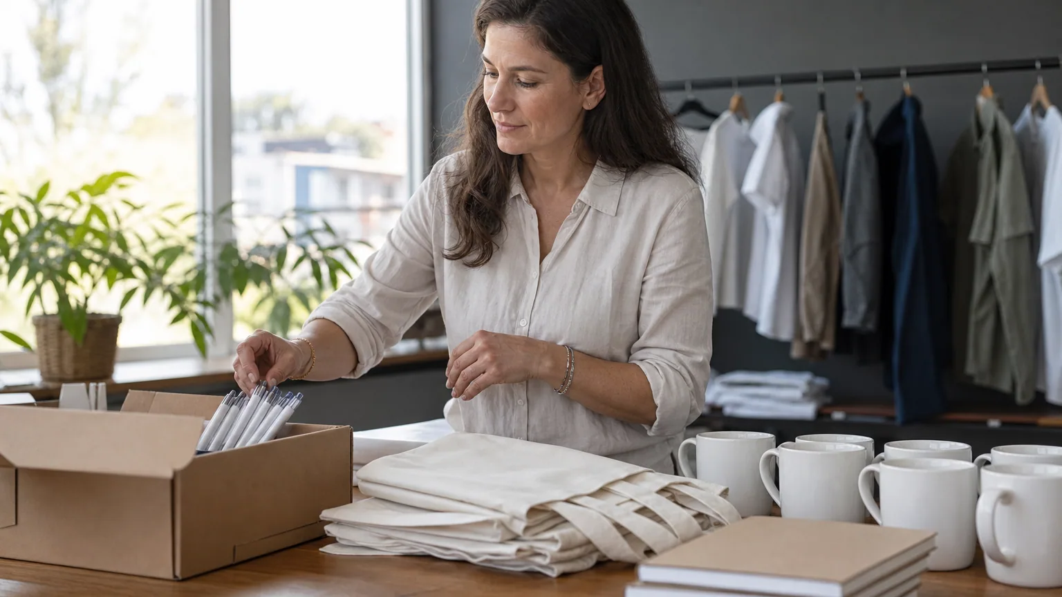 Une dirigeante de petite entreprise prépare des stylos et des tote bags personnalisés avant un salon professionnel