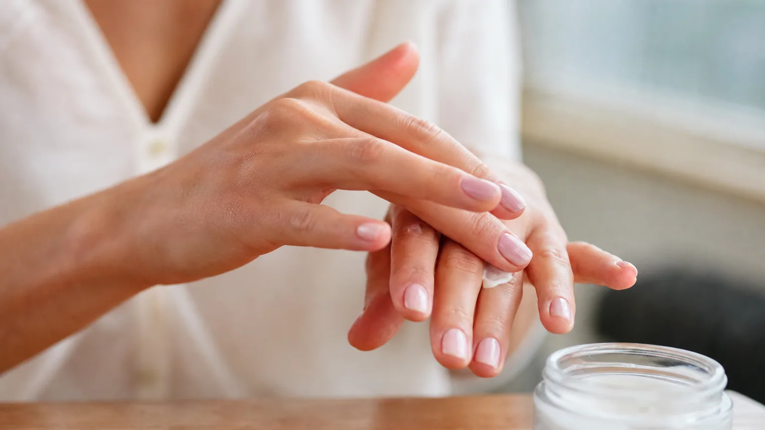 Gros plan sur des mains de femme appliquant une crème sur ses ongles, lumière naturelle
