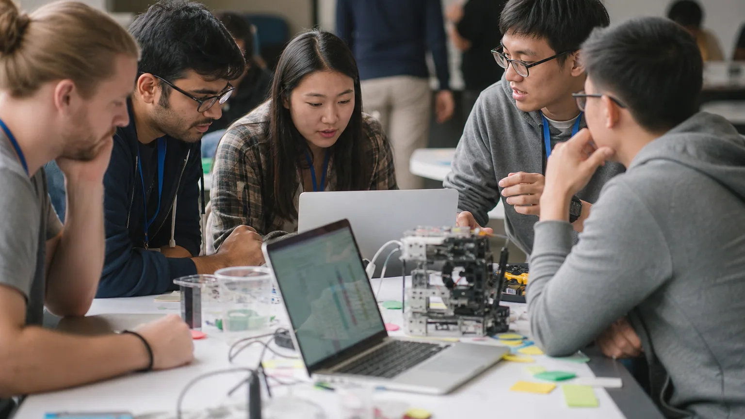 Des participants collaborent autour de prototypes et ordinateurs lors d'un hackathon