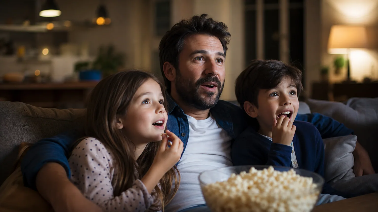 Une famille blottie sur un canapé regarde un film avec émerveillement dans un salon chaleureux