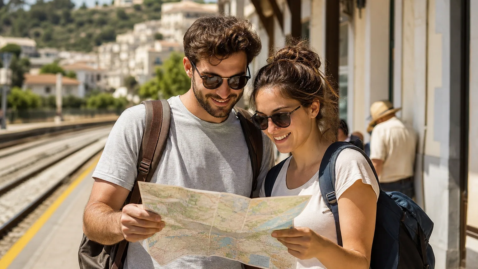 Un couple de voyageurs avec sacs à dos consulte une carte sur un quai de gare ensoleillé