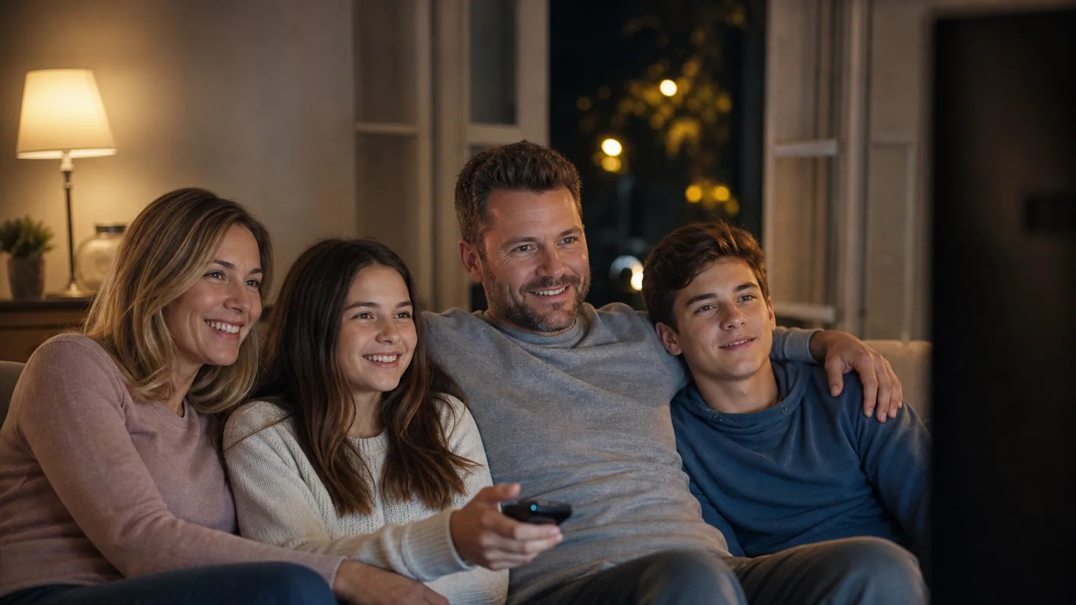 Une famille réunie sur un canapé devant un écran de télévision le soir
