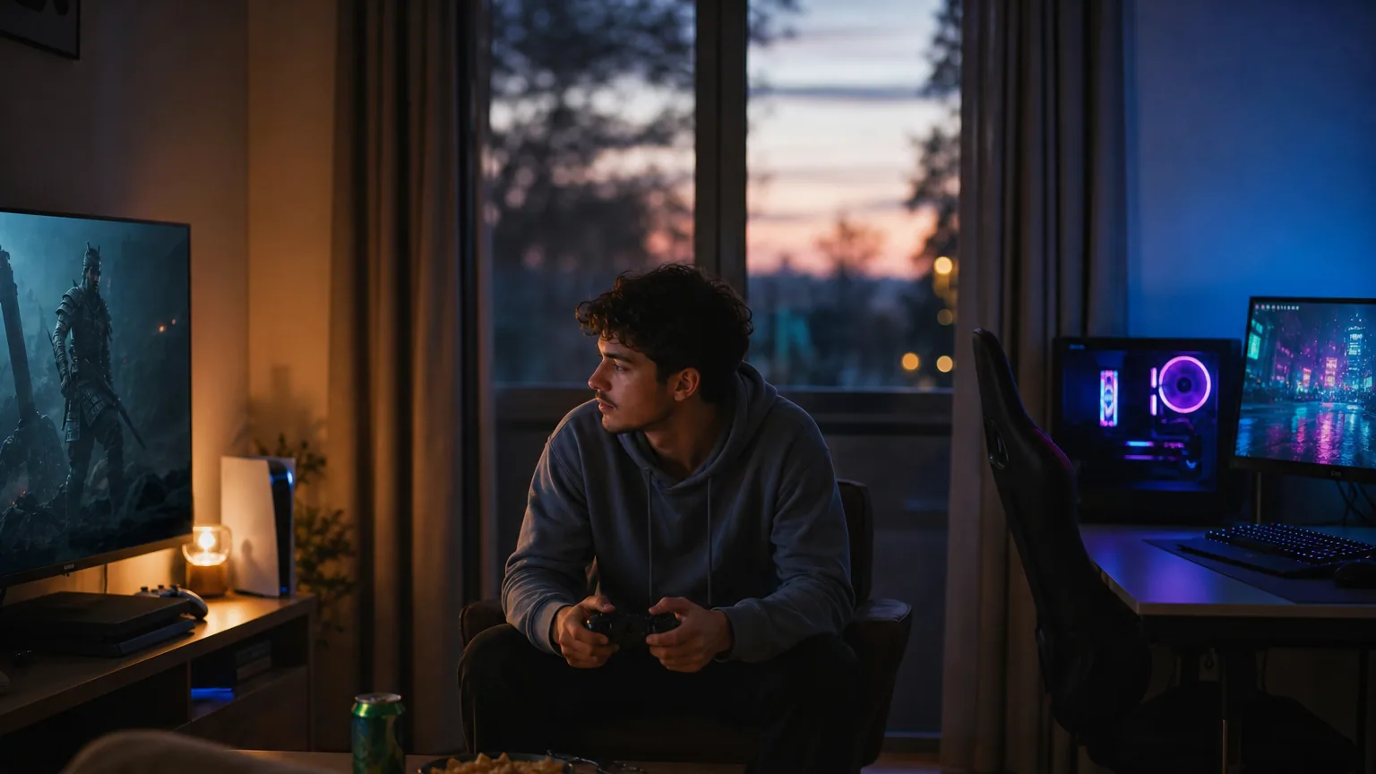 Un joueur hésite entre une console reliée à la télévision et un PC gamer équipé d'un écran