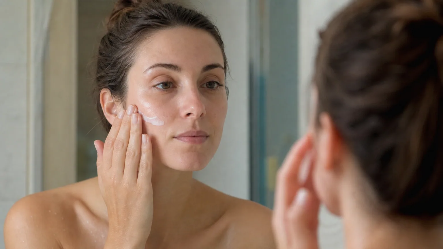 Une femme applique une crème hydratante sur son visage devant un miroir de salle de bain