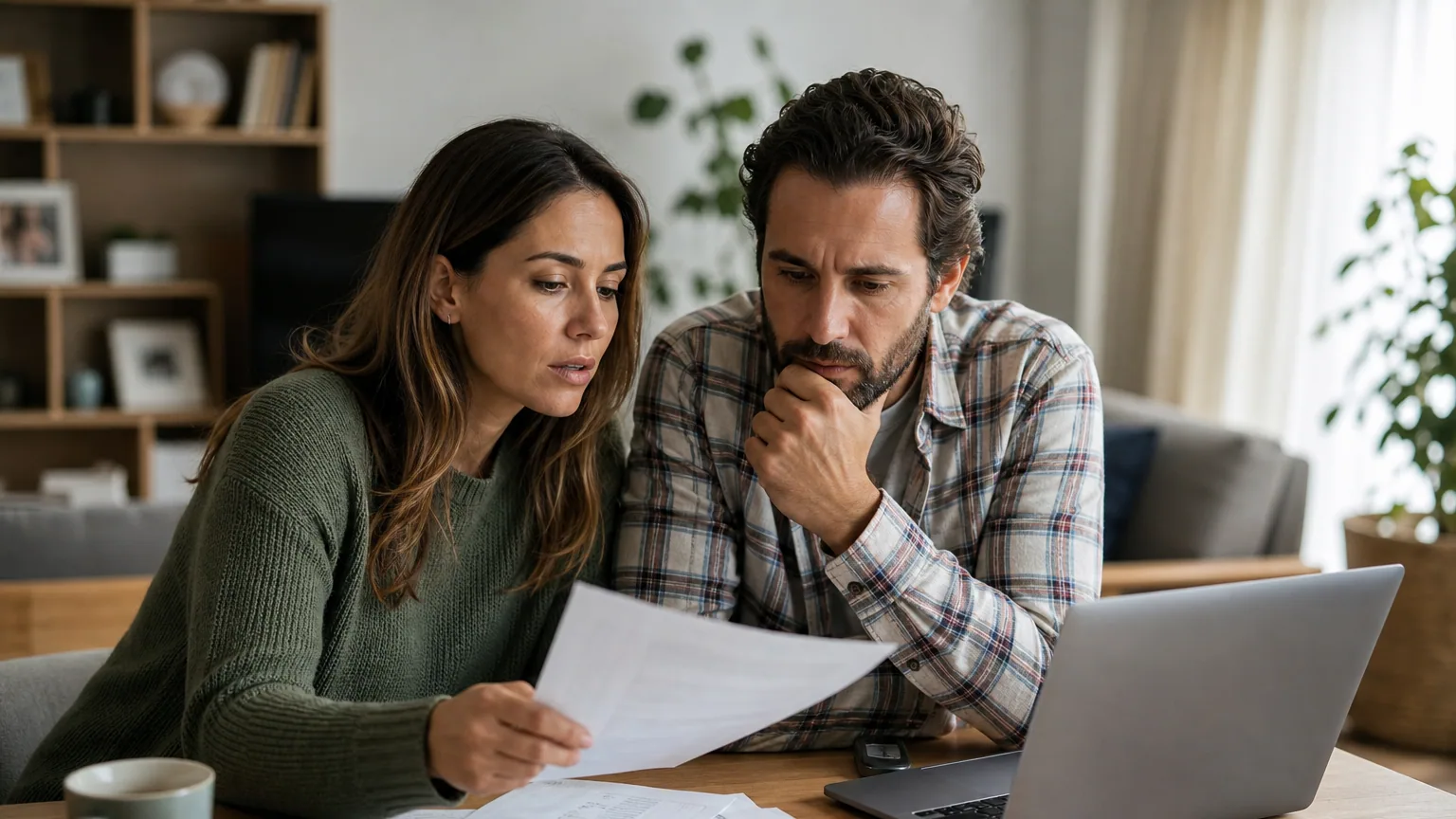 Un couple étudie des documents bancaires et une simulation d'épargne sur un ordinateur portable posé sur la table du salon