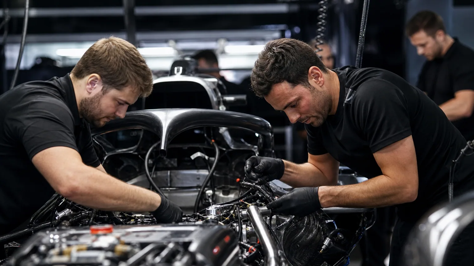 Des mécaniciens F1 changent le groupe propulseur d'une monoplace dans les stands