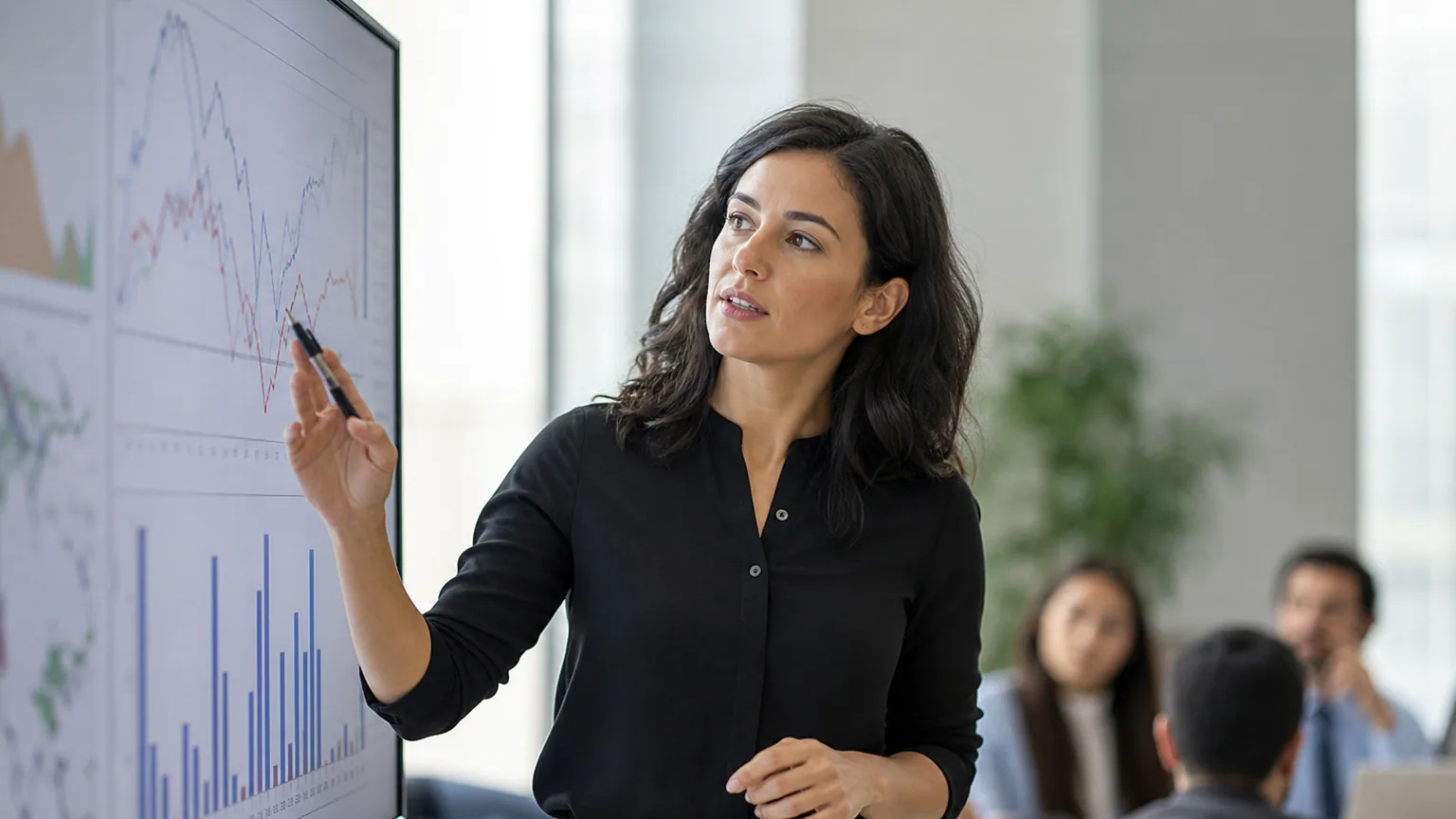 Une économiste analyse des graphiques de croissance sur un écran dans un bureau lumineux.