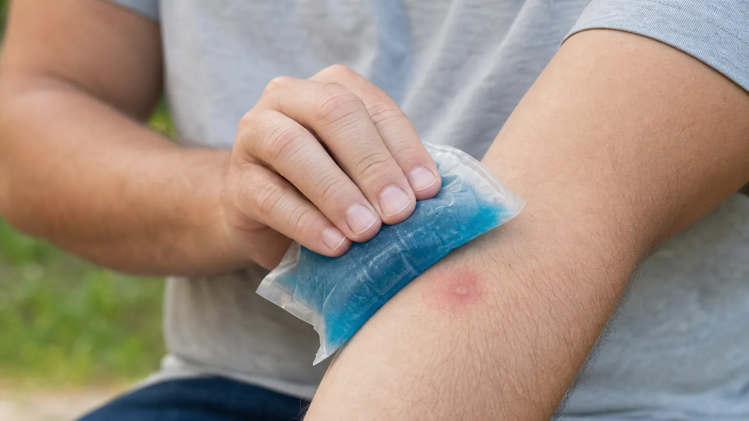 Personne appliquant une compresse froide sur une piqûre au bras en extérieur