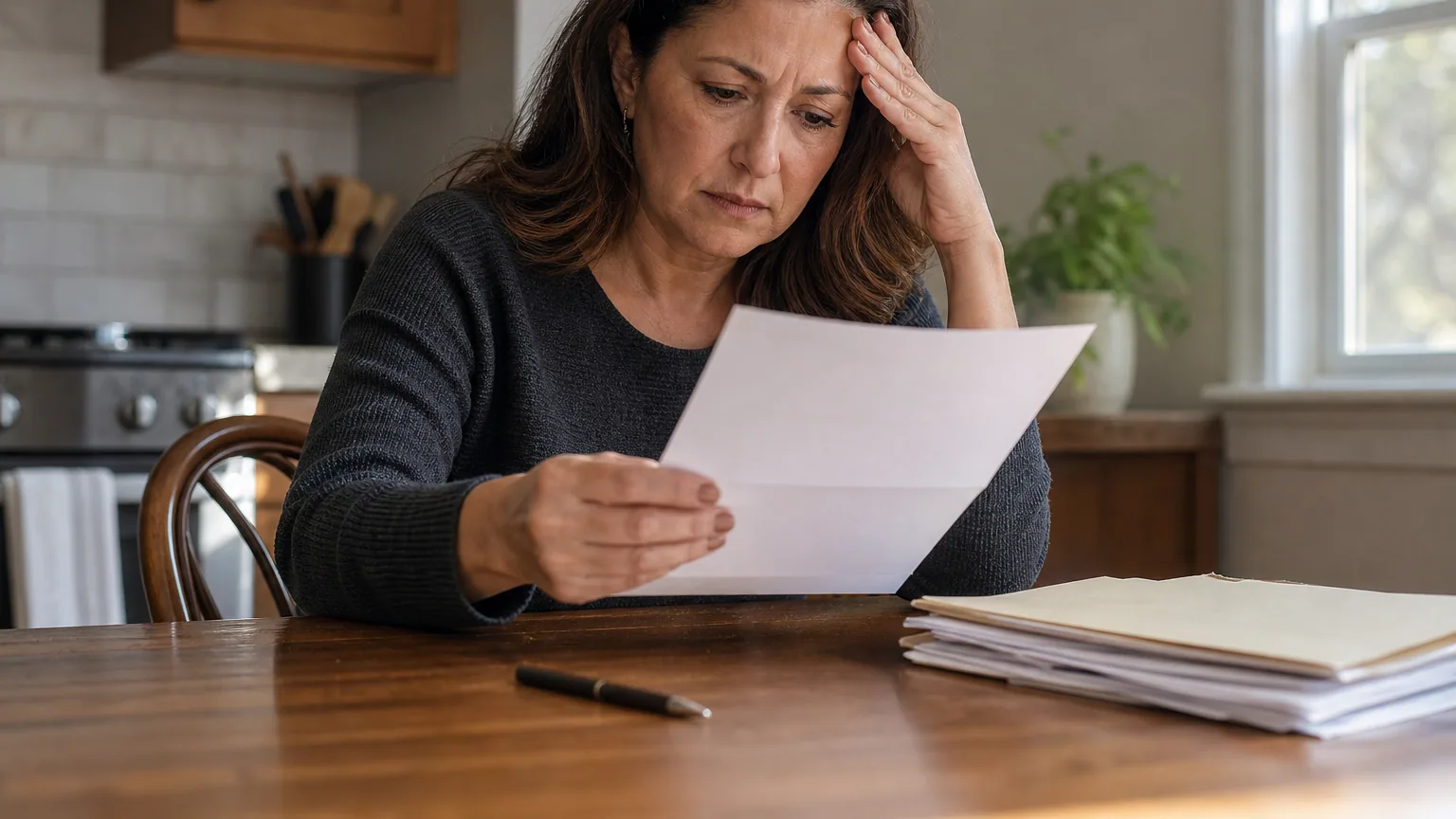 Une femme inquiète relit un courrier officiel à sa table, des documents posés à côté d'elle.