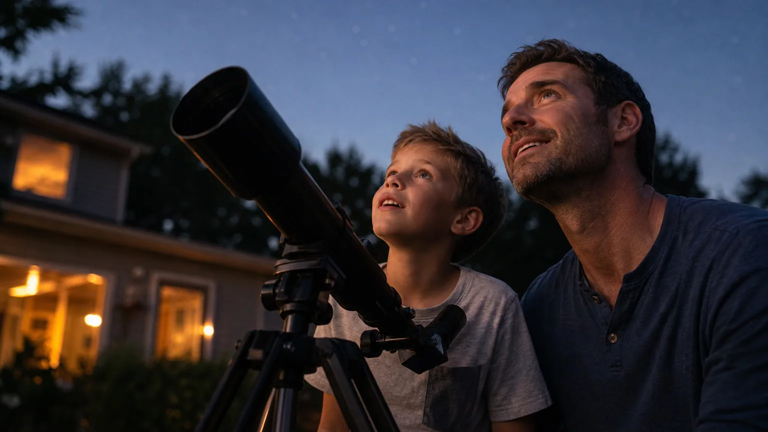 Un adulte et un enfant observant le ciel étoilé avec un télescope au crépuscule