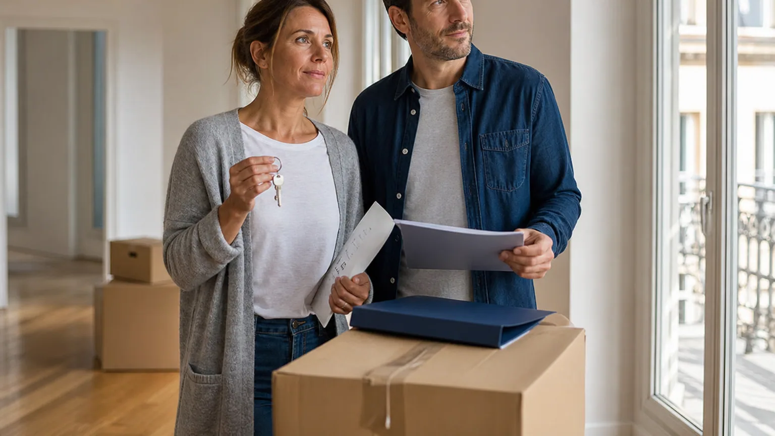 Un couple dans un appartement vide tenant des clés et des documents le jour de la vente