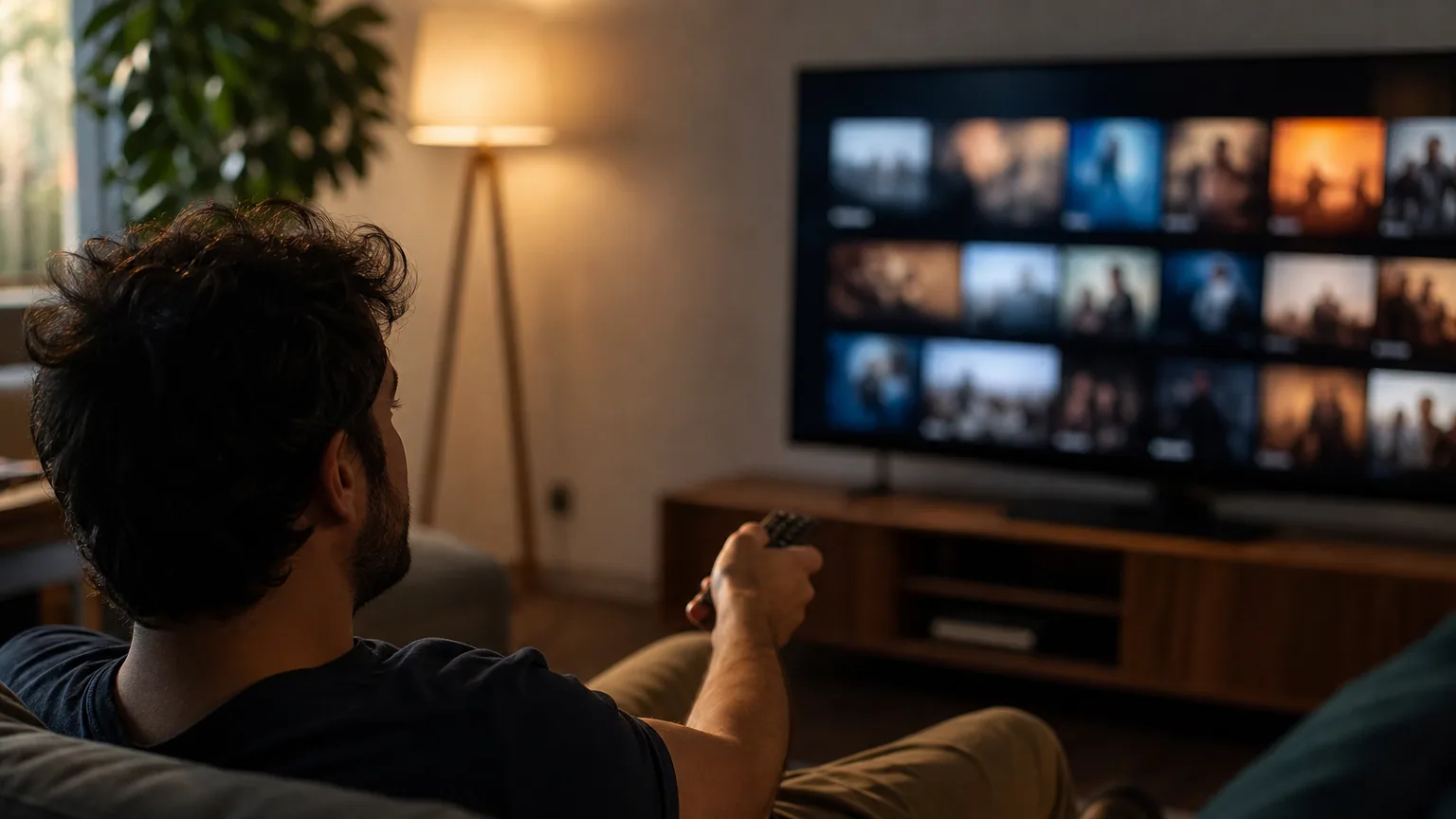 Une personne parcourt le catalogue d'une plateforme de streaming sur une télévision dans un salon