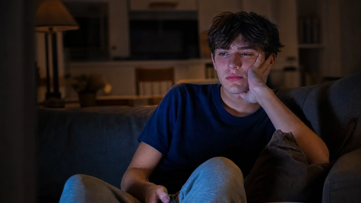 Une personne déçue devant sa télévision le soir, télécommande à la main