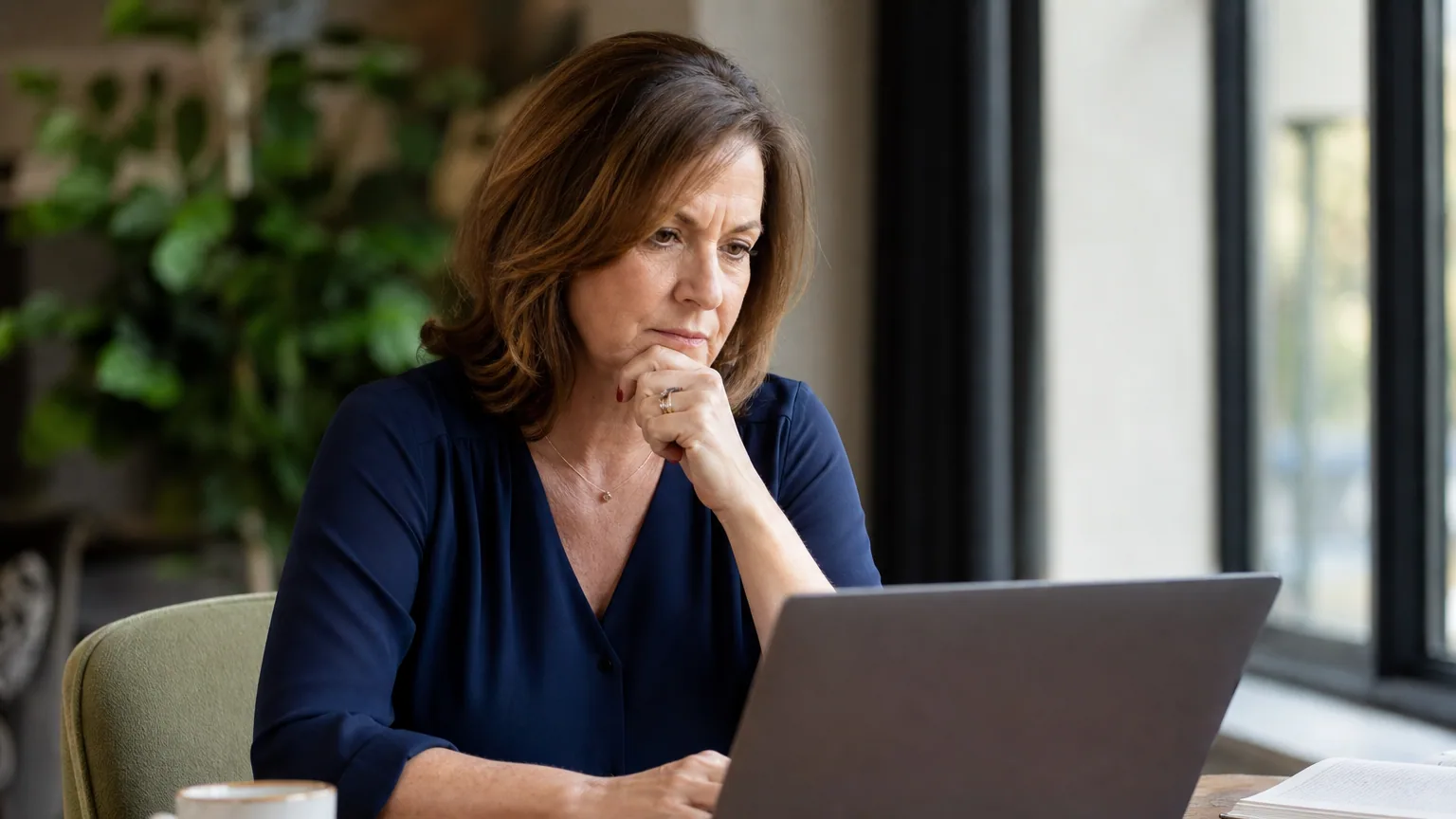 Une entrepreneuse songeuse regarde l'écran de son ordinateur portable dans un bureau lumineux