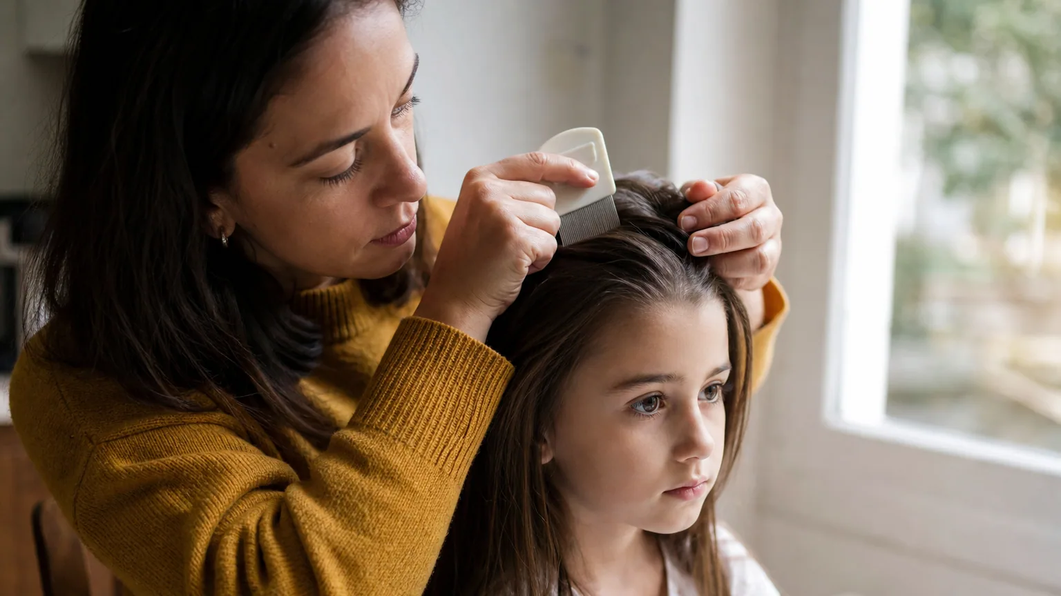 Parent peignant les cheveux d'un enfant avec un peigne fin à la lumière du jour