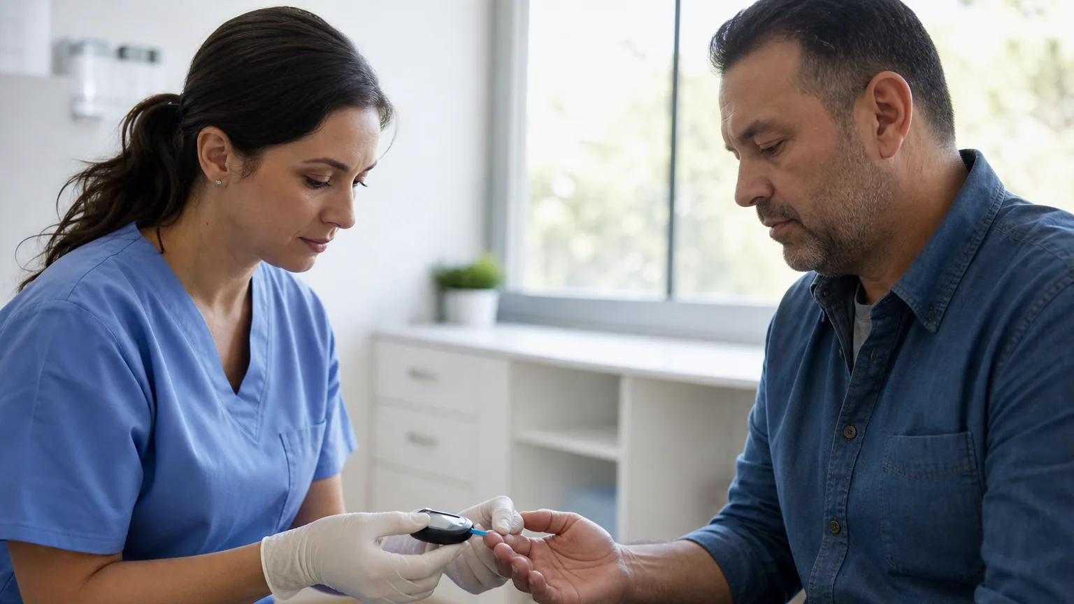 Un homme d'une quarantaine d'années fait tester sa glycémie du bout du doigt par une infirmière dans un cabinet médical lumineux