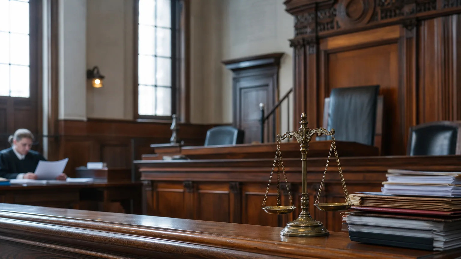 Salle d'audience d'un tribunal français avec dossiers empilés et balance de la justice sur le bureau du juge