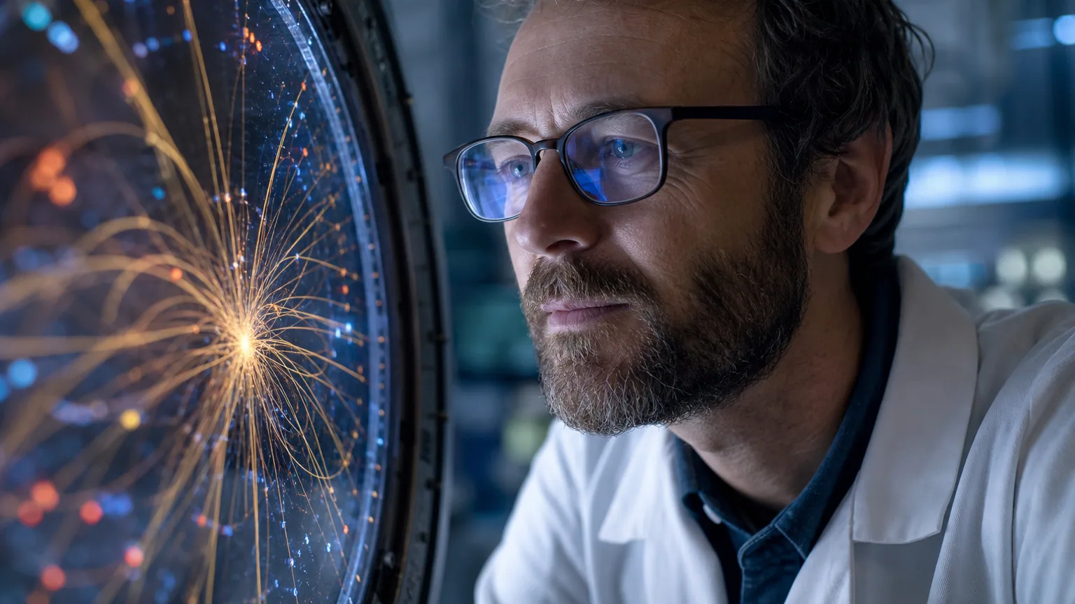 Un physicien observe pensivement un écran affichant des trajectoires de particules dans un laboratoire