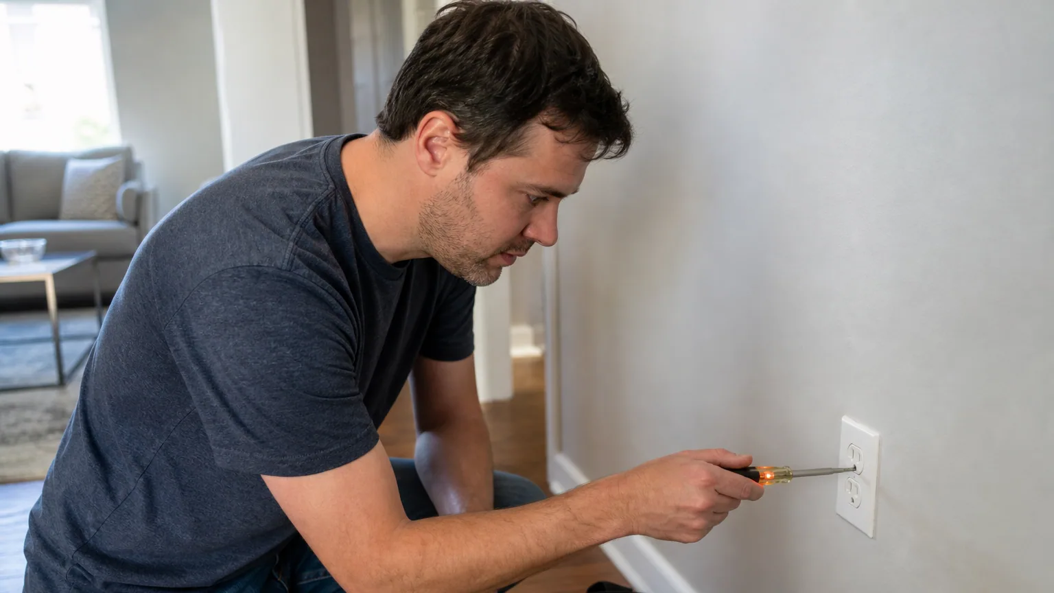 Personne testant une prise électrique murale avec un tournevis testeur, dans un salon lumineux