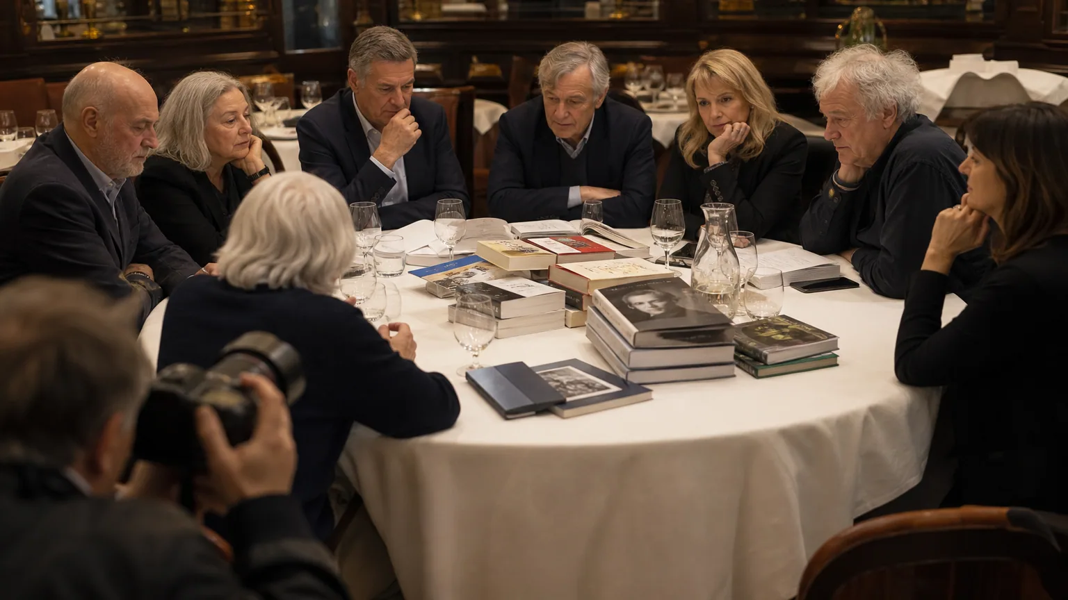 Membres d'un jury littéraire réunis autour d'une table couverte de livres dans un restaurant parisien