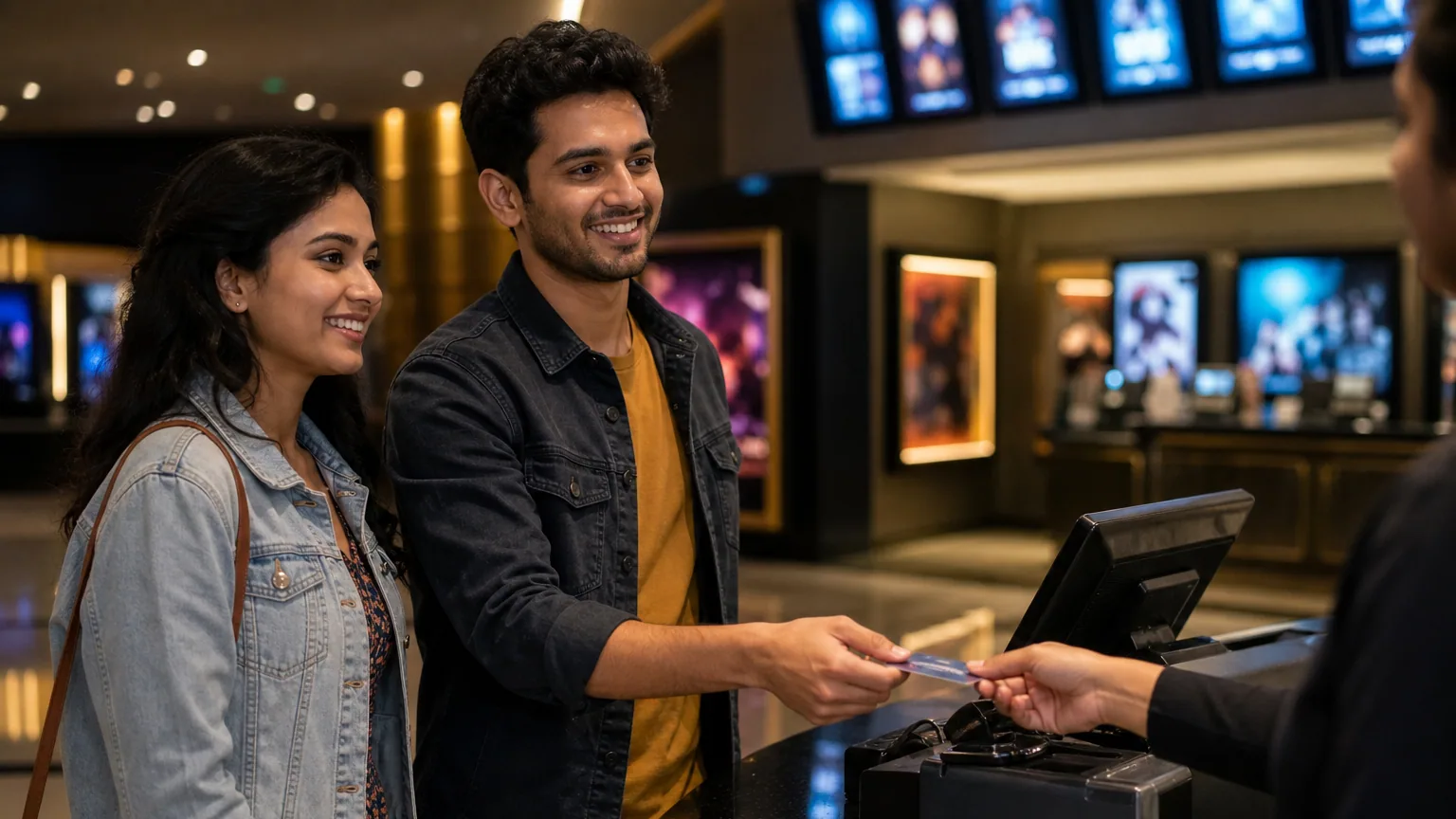 Un couple achète des places au guichet d'un cinéma moderne