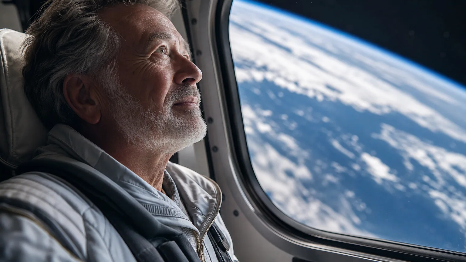 Un passager en combinaison contemple la courbure de la Terre depuis le hublot d'un vaisseau spatial.