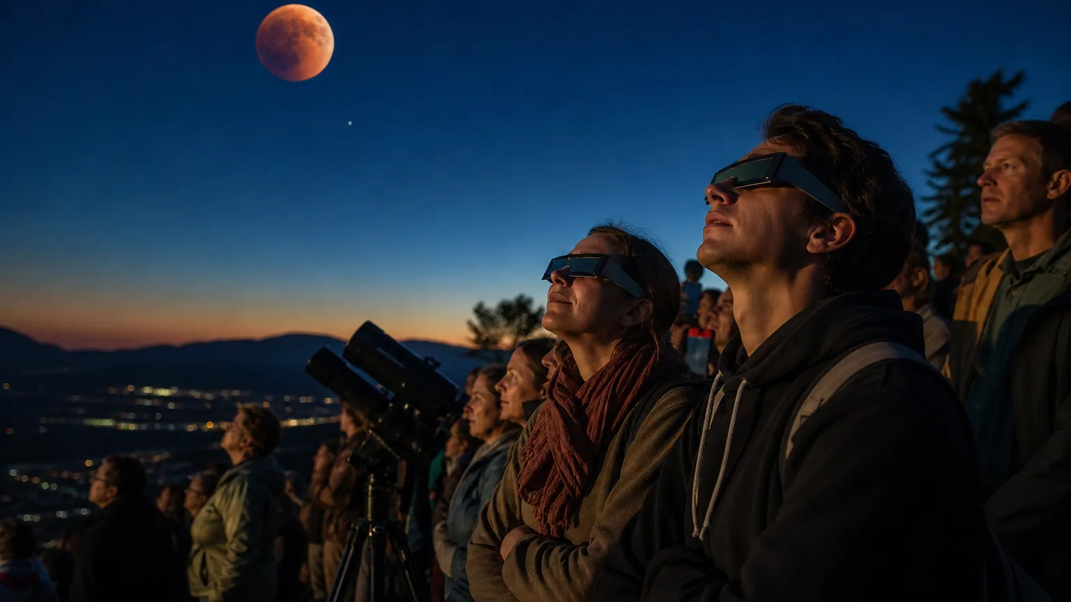 Des observateurs regardent une éclipse totale de Lune rougeâtre dans le ciel du soir