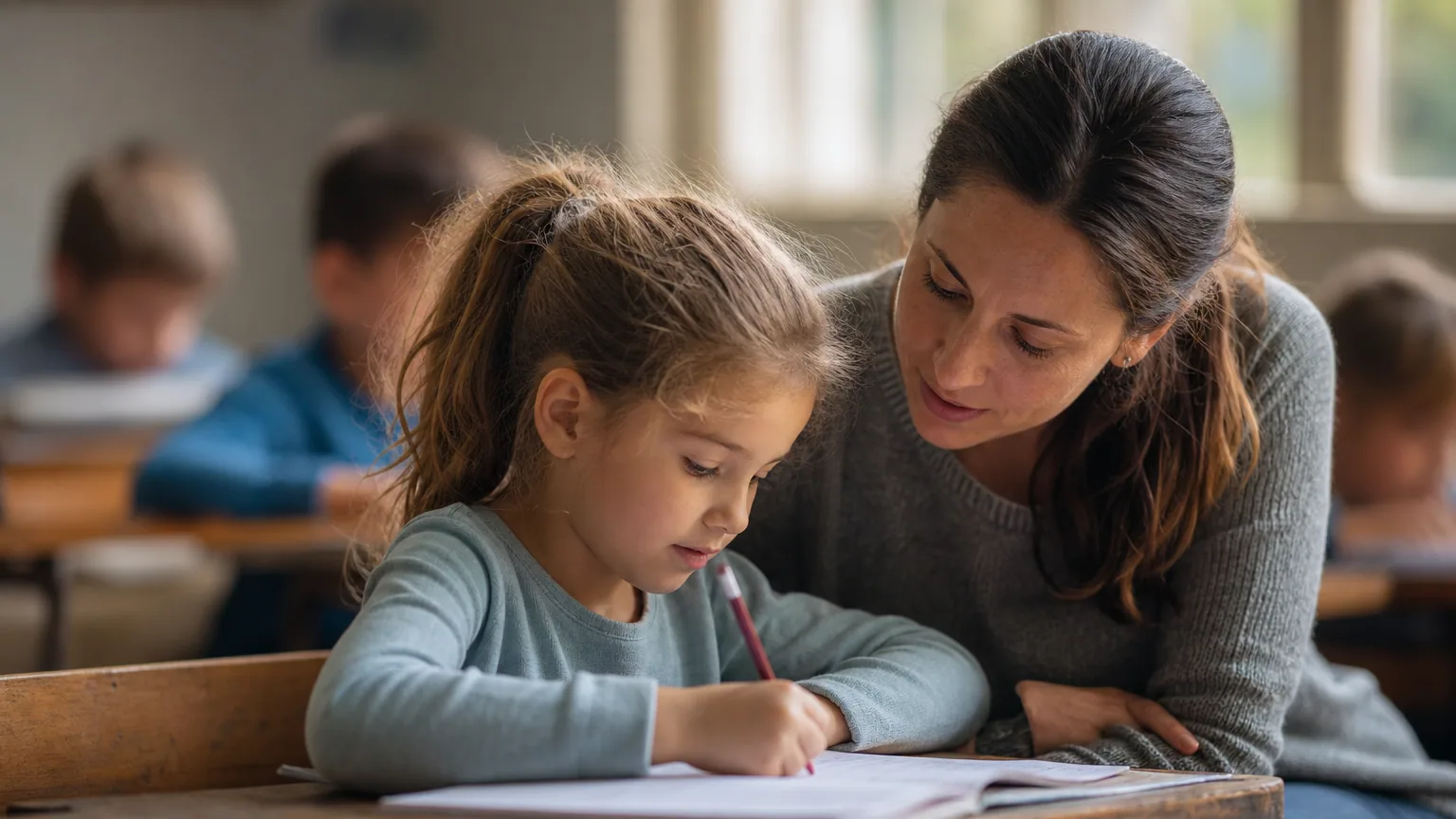 Un enfant de CP écrit dans son cahier pendant qu'une enseignante l'aide en classe