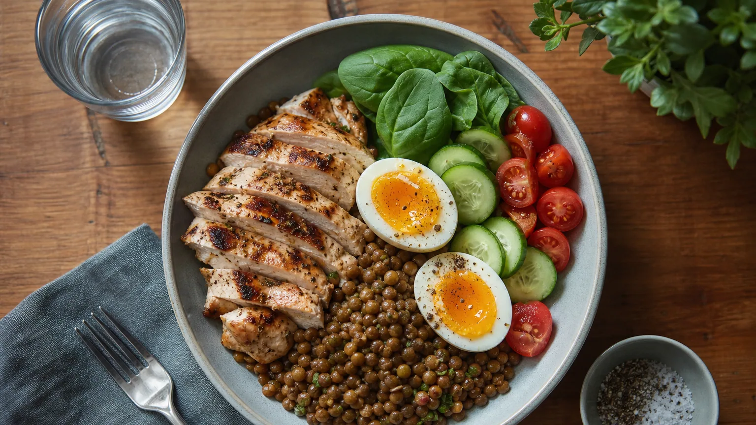 Assiette équilibrée avec sources de protéines variées