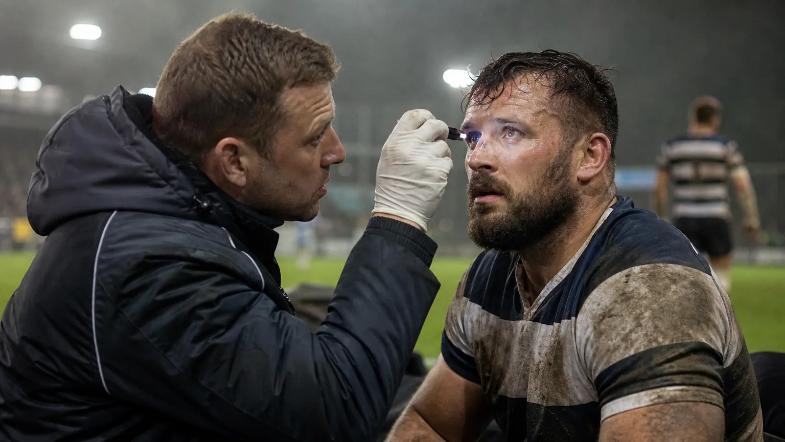 Médecin examinant un joueur de rugby assis au bord du terrain pendant un match