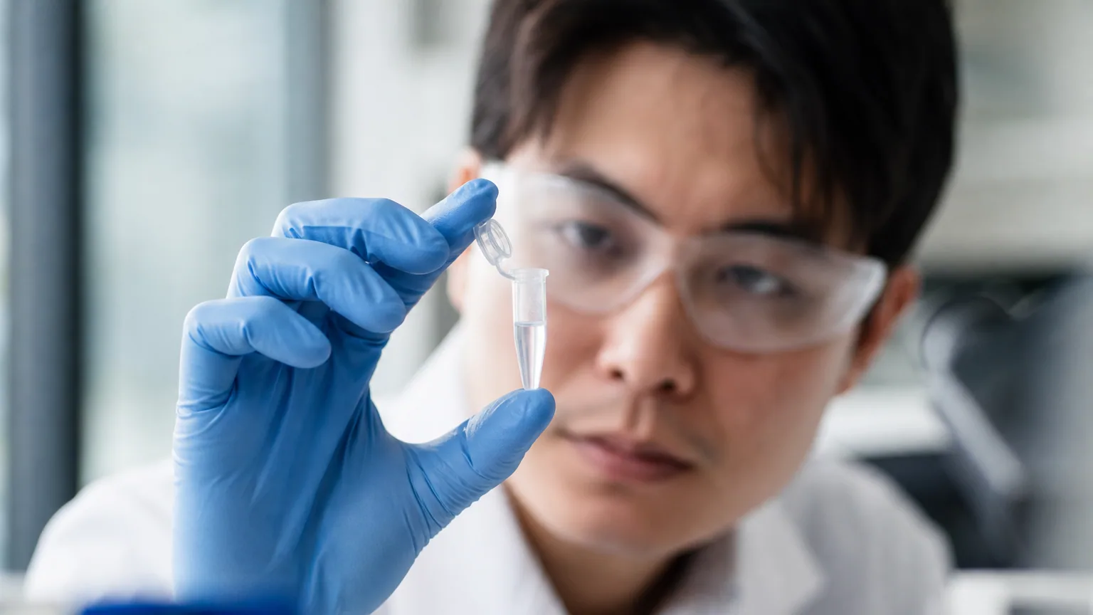 Mains gantées d'une chercheuse tenant un tube contenant un échantillon d'ADN dans un laboratoire lumineux