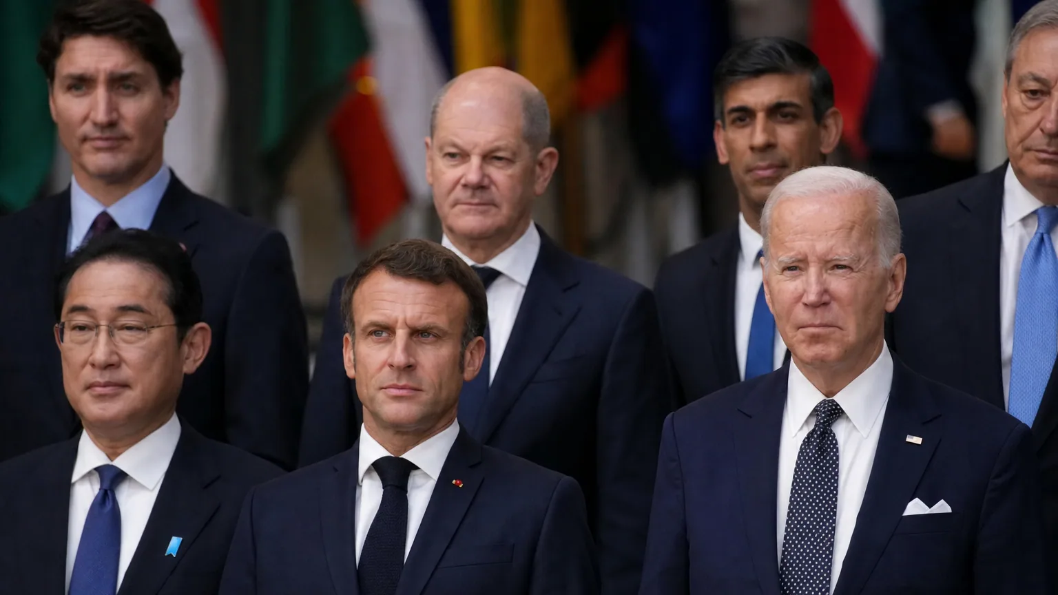 Dirigeants réunis pour une photo officielle lors d'un sommet international, drapeaux flous en arrière-plan.