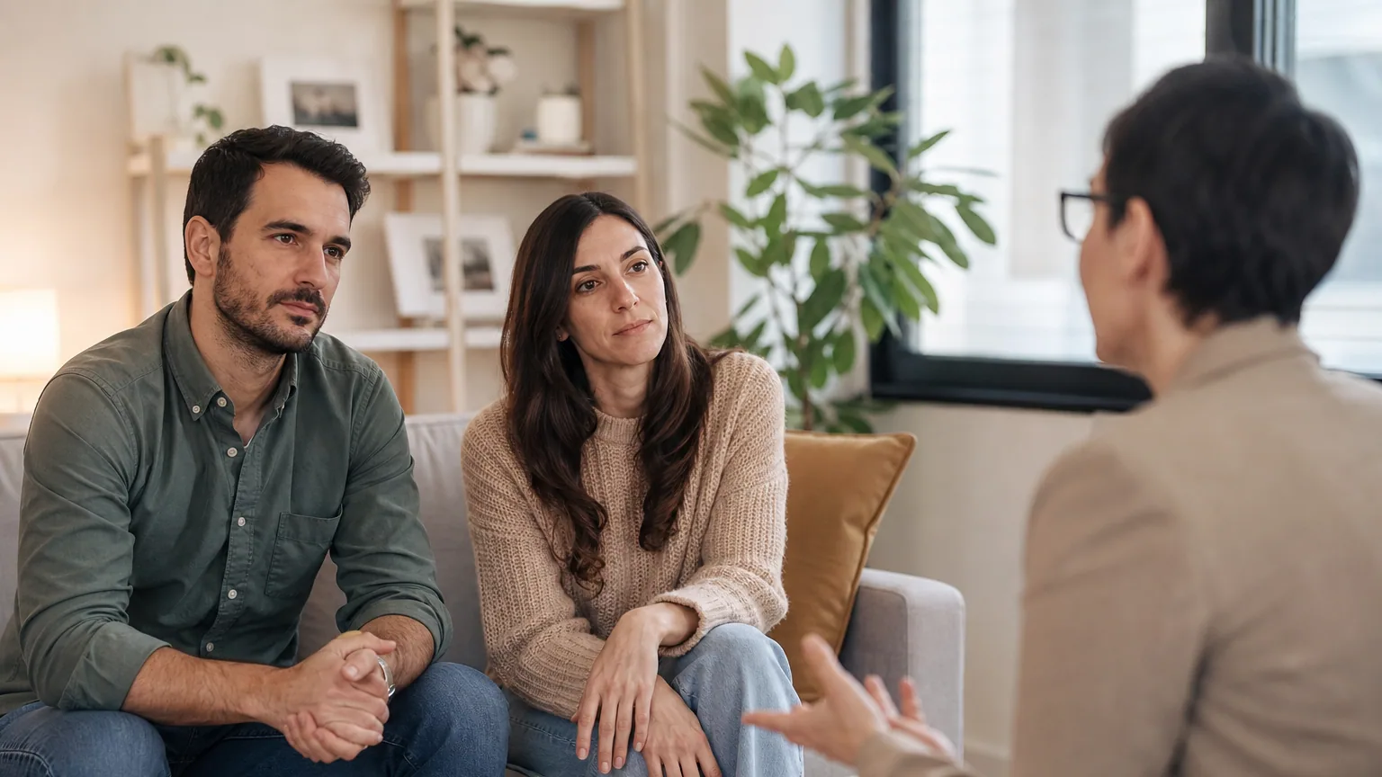 Un couple assis face à une thérapeute lors d'une séance dans un cabinet lumineux