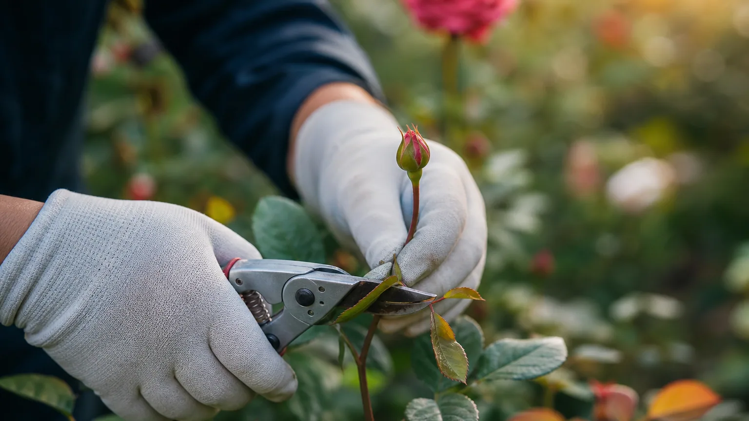 Mains d'un jardinier taillant un rosier au sécateur dans la lumière du matin