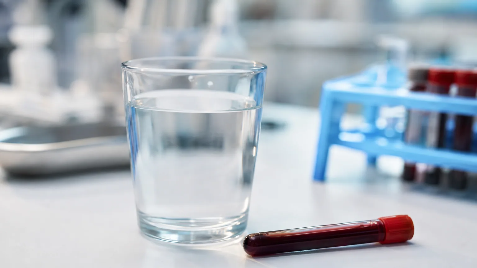 Verre d'eau et tube de prélèvement sanguin posés sur une table de laboratoire