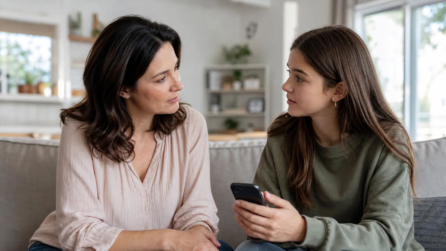 Une mère discute avec sa fille adolescente qui tient un smartphone dans le salon