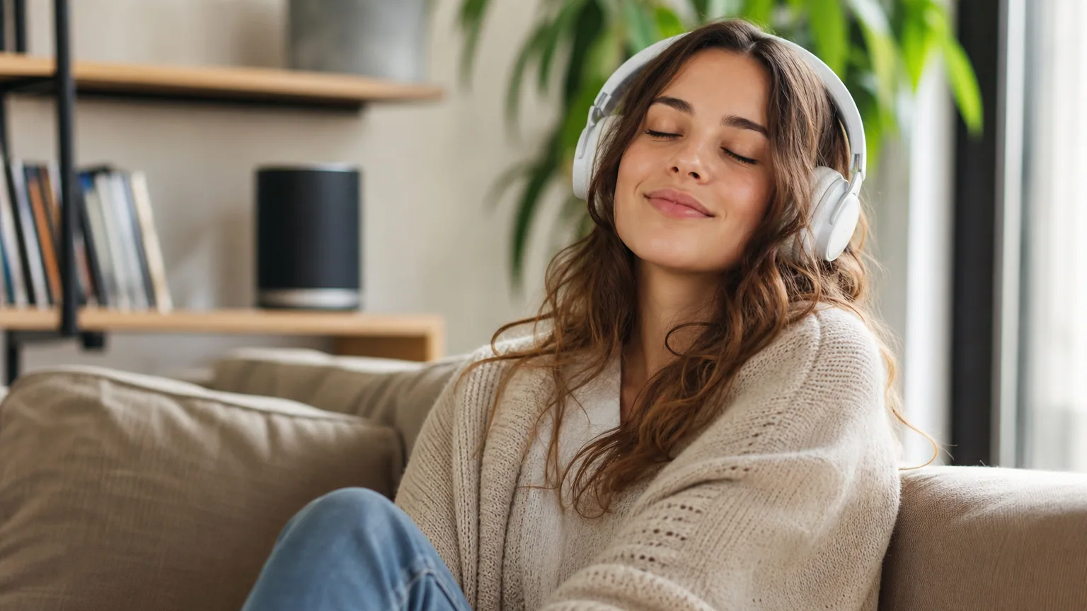 Une jeune femme écoute de la musique au casque dans son salon, une enceinte posée sur une étagère en arrière-plan