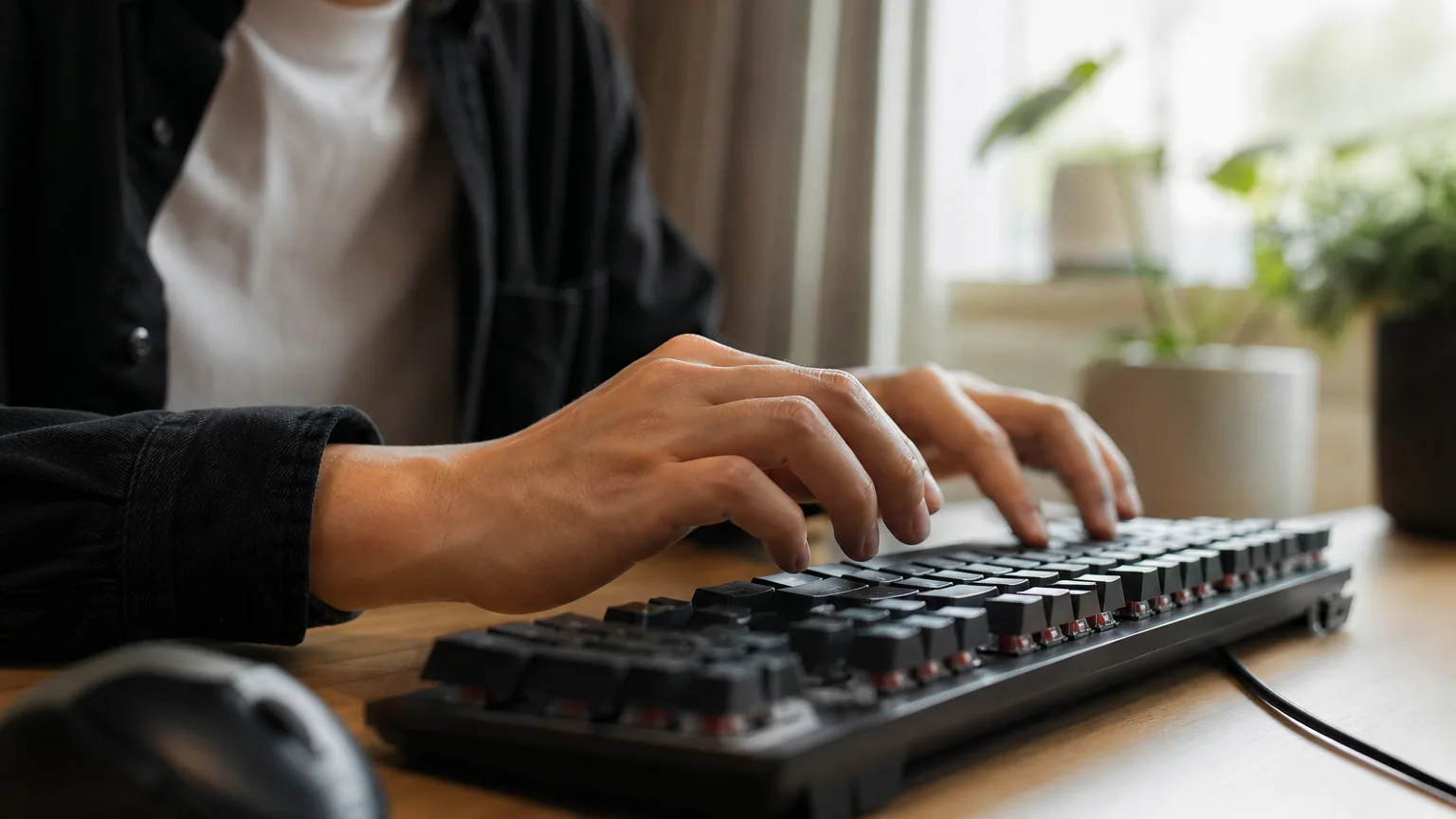 Mains posées sur un clavier mécanique sur un bureau éclairé par la lumière du jour