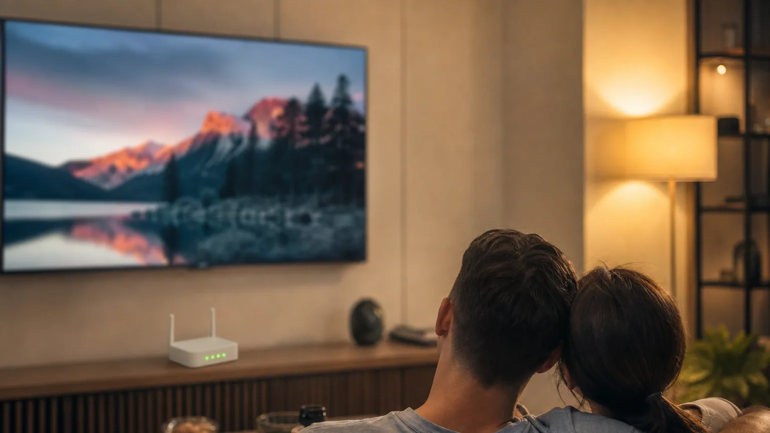 Salon le soir avec un grand téléviseur allumé et une box internet posée sur le meuble TV