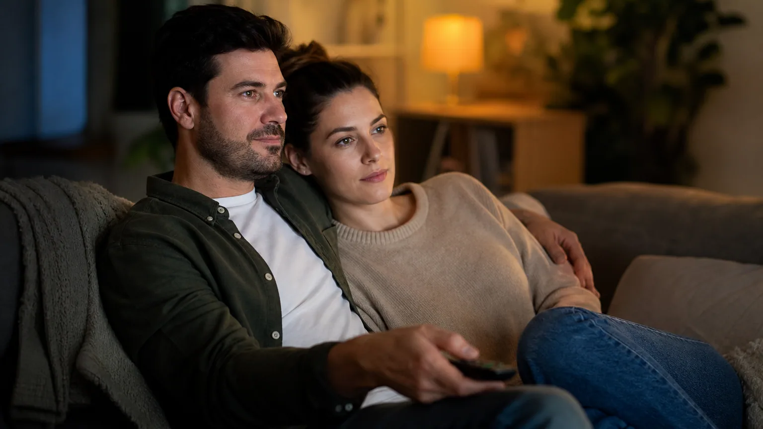 Un couple choisit un programme devant la télévision dans un salon le soir